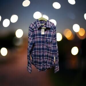 NWT Abercrombie Kids Flannel Shirt Girls Size Large Long Sleeve Blue Pink Plaid